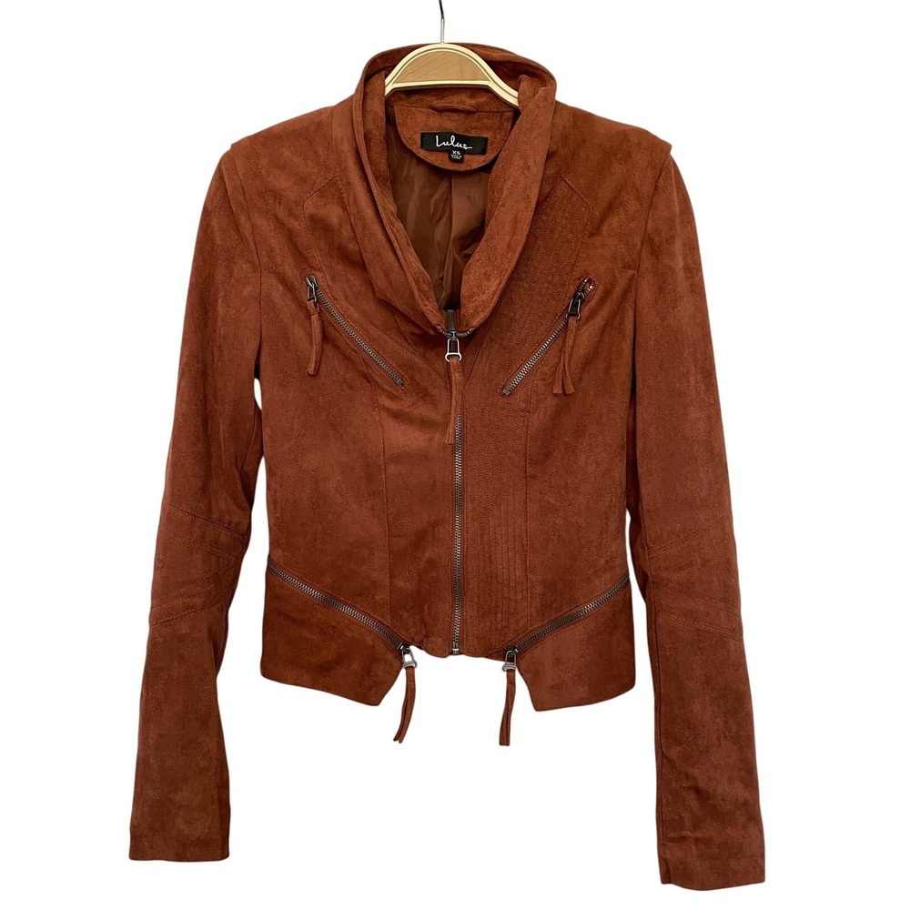 Lulus Faux Suede Y2K Cowl Neck Moto Jacket Women Size XS Rust Bikercore Edgy